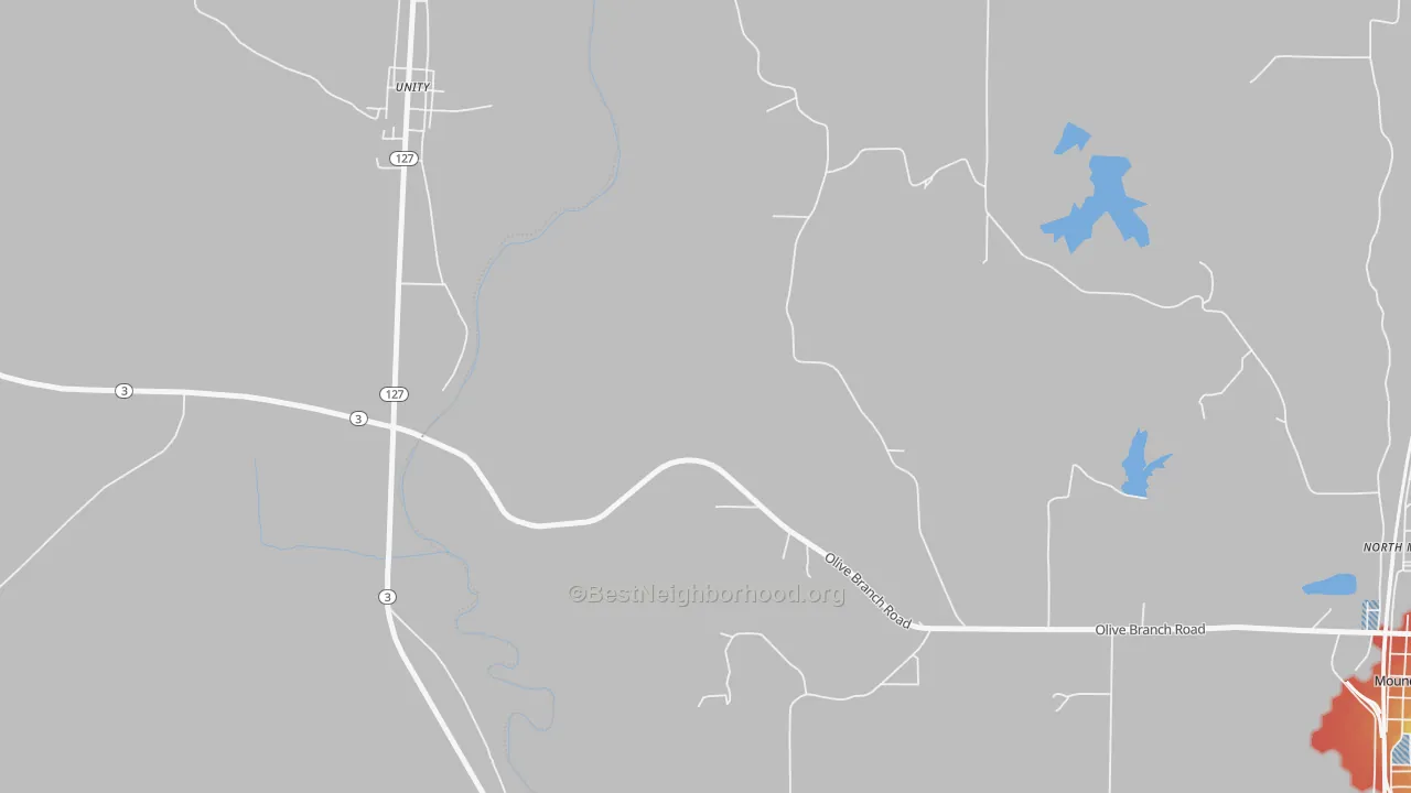 Walk Grade map of North Mounds, IL, walkable areas in green and car-dependent areas in red