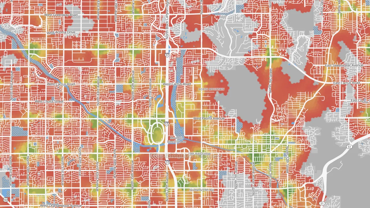 Walk Grade map of North Mountain, Phoenix, AZ, walkable areas in green and car-dependent areas in red
