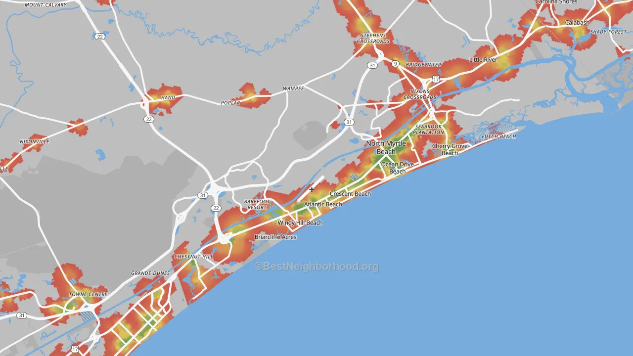 Walk Grade map of North Myrtle Beach, SC, walkable areas in green and car-dependent areas in red