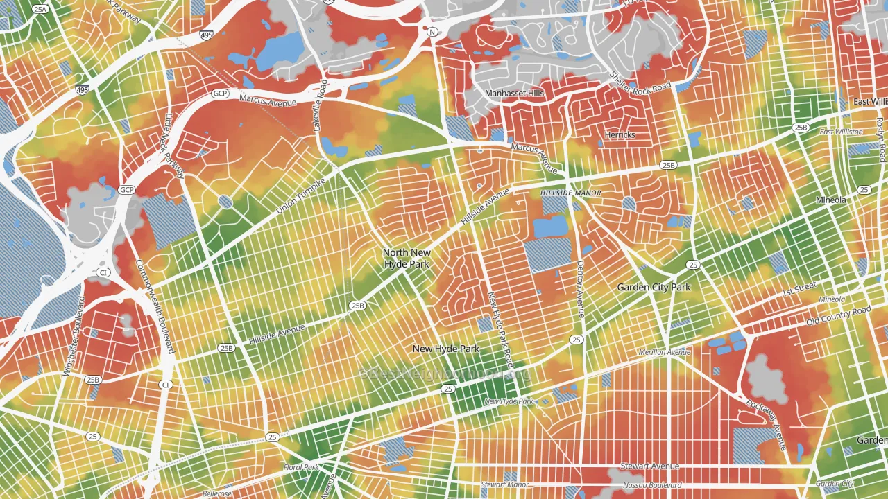 Walk Grade map of North New Hyde Park, NY, walkable areas in green and car-dependent areas in red