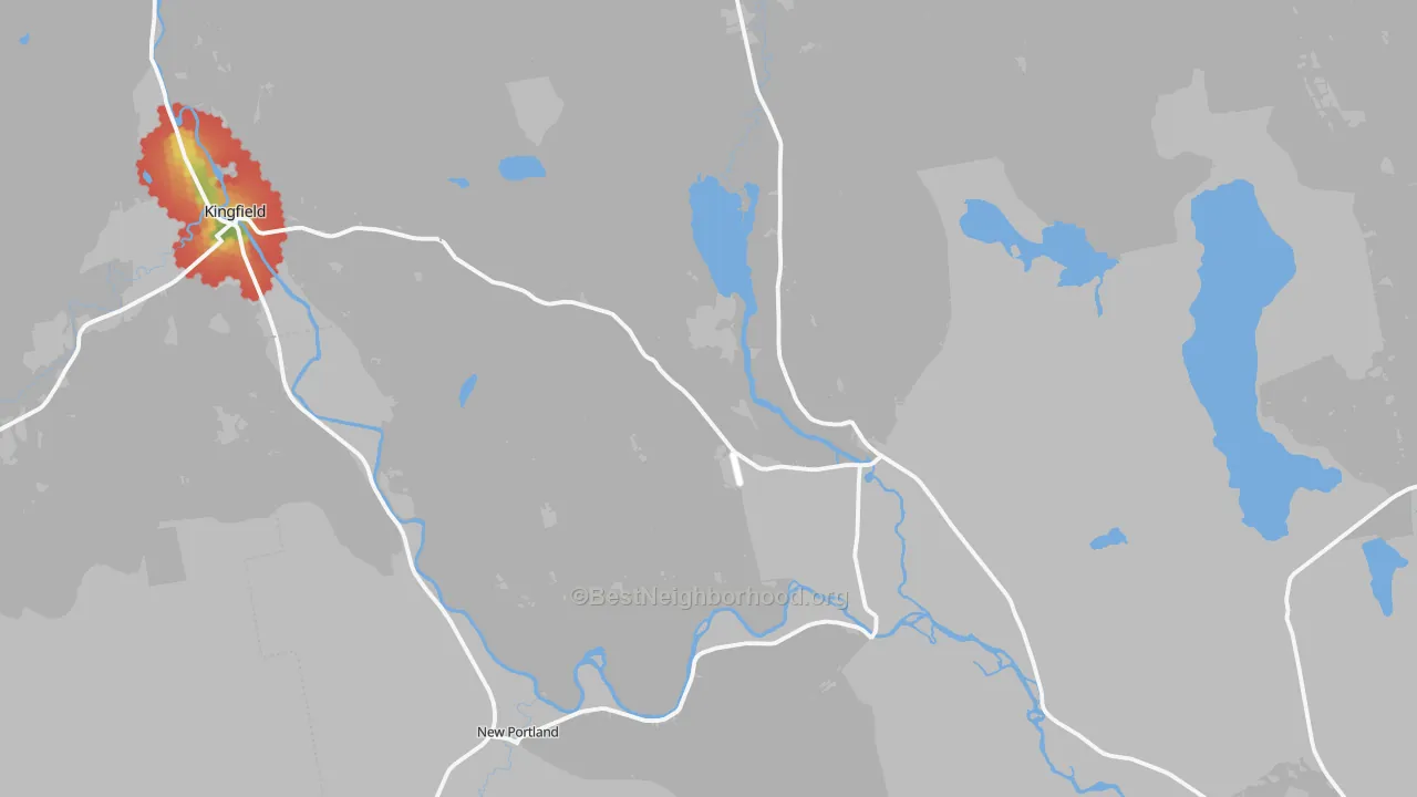 Walk Grade map of North New Portland, ME, walkable areas in green and car-dependent areas in red