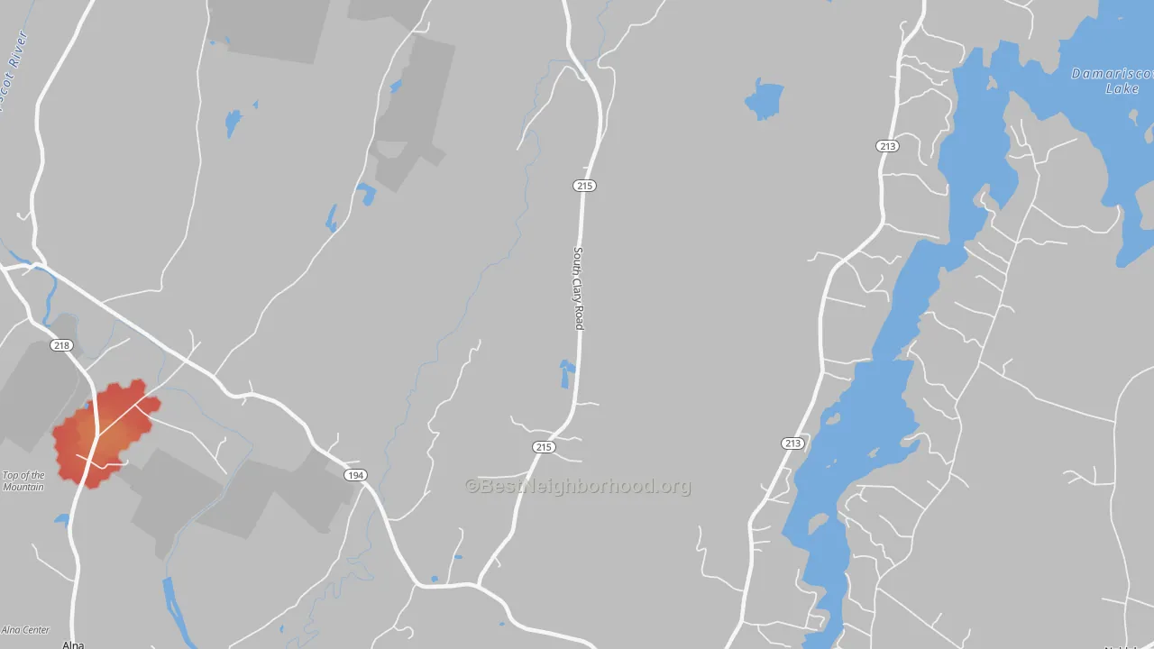 Walk Grade map of North Newcastle, ME, walkable areas in green and car-dependent areas in red