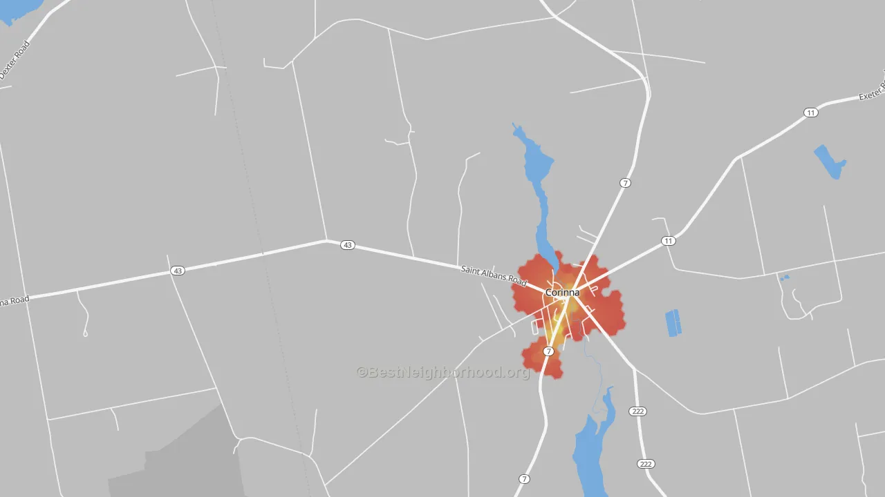 Walk Grade map of North Newport, ME, walkable areas in green and car-dependent areas in red