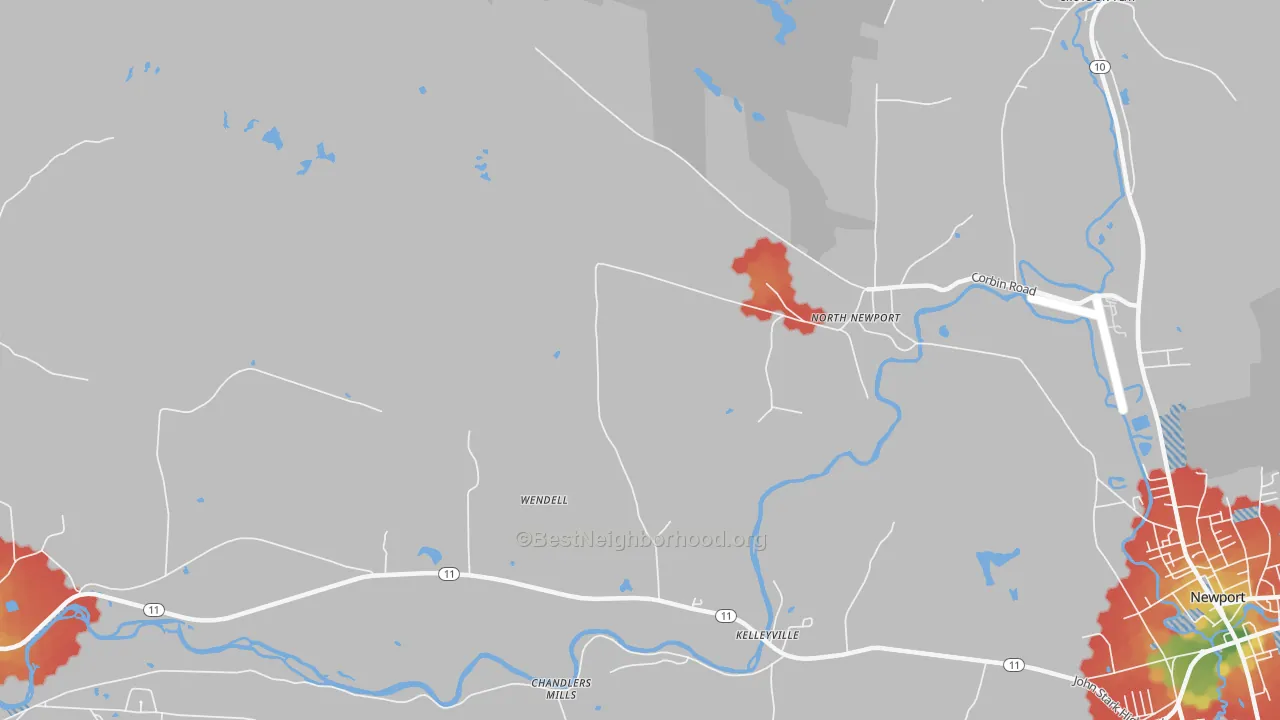 Walk Grade map of North Newport, NH, walkable areas in green and car-dependent areas in red