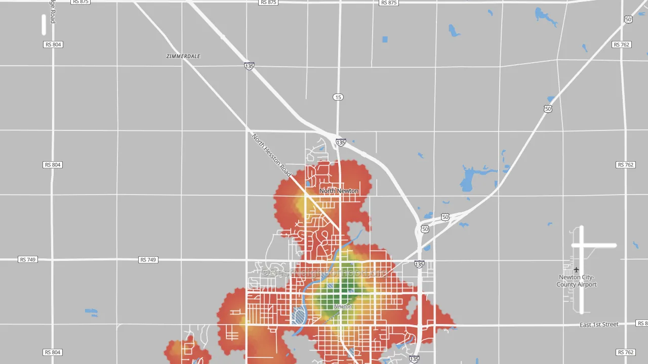 Walk Grade map of North Newton, KS, walkable areas in green and car-dependent areas in red