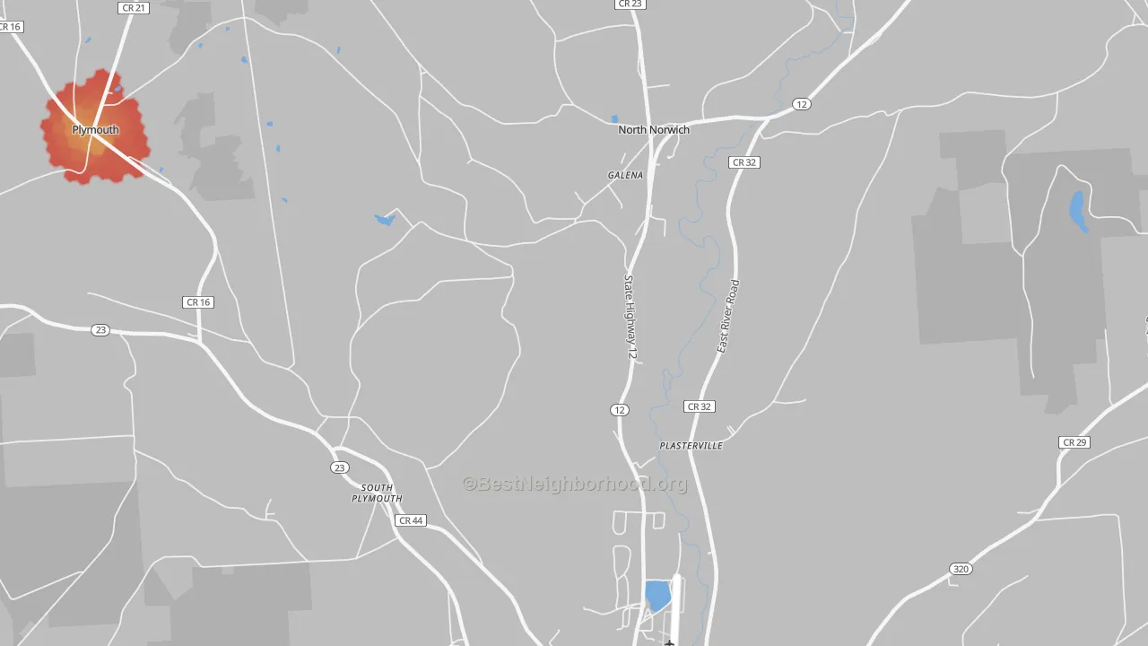 Walk Grade map of North Norwich, NY, walkable areas in green and car-dependent areas in red