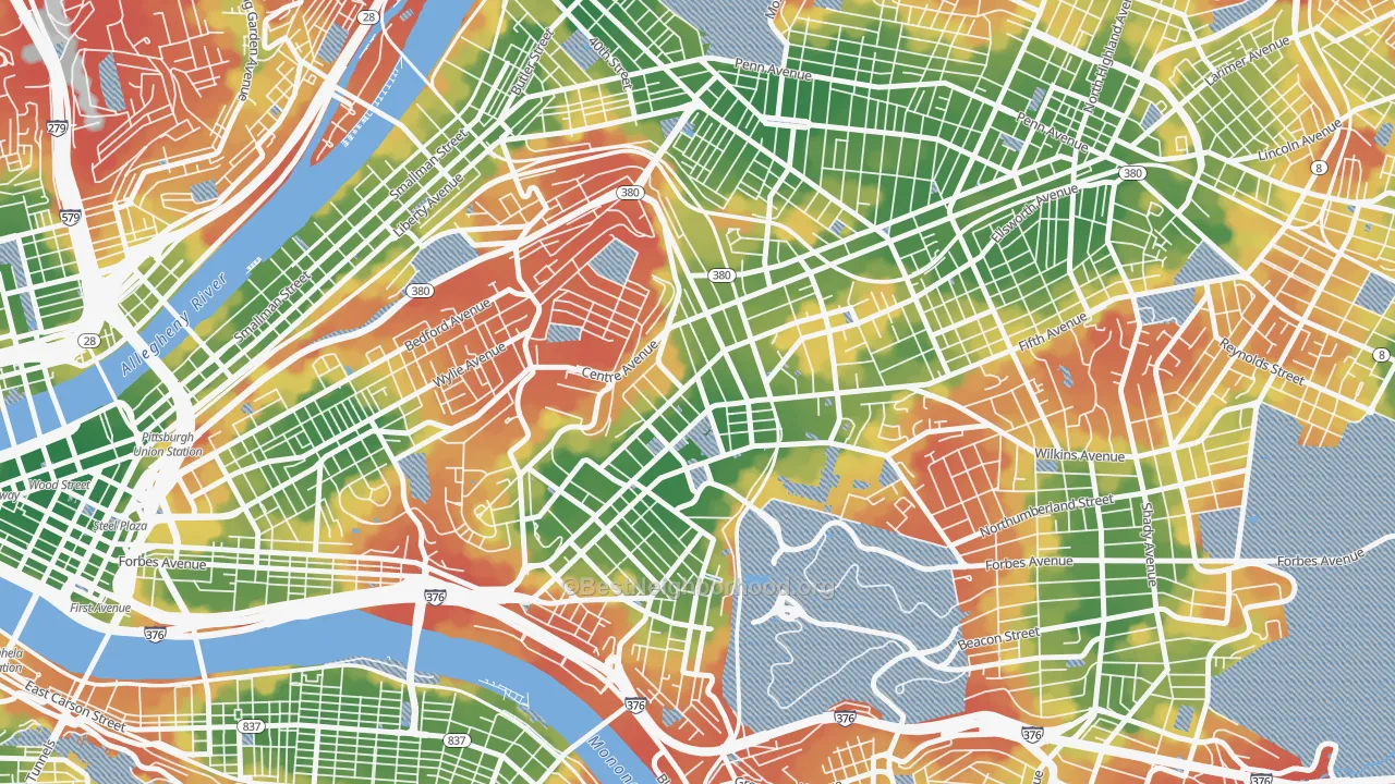 Walk Grade map of North Oakland, Pittsburgh, PA, walkable areas in green and car-dependent areas in red