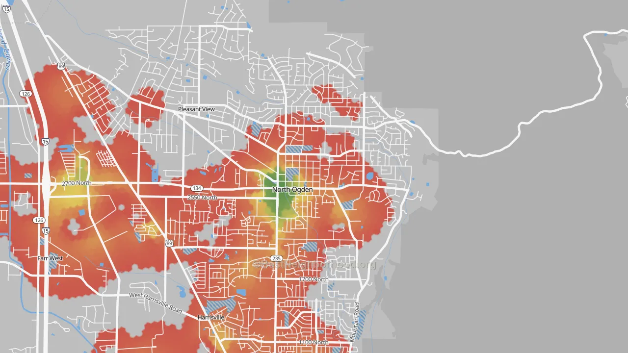 Walk Grade map of North Ogden, UT, walkable areas in green and car-dependent areas in red
