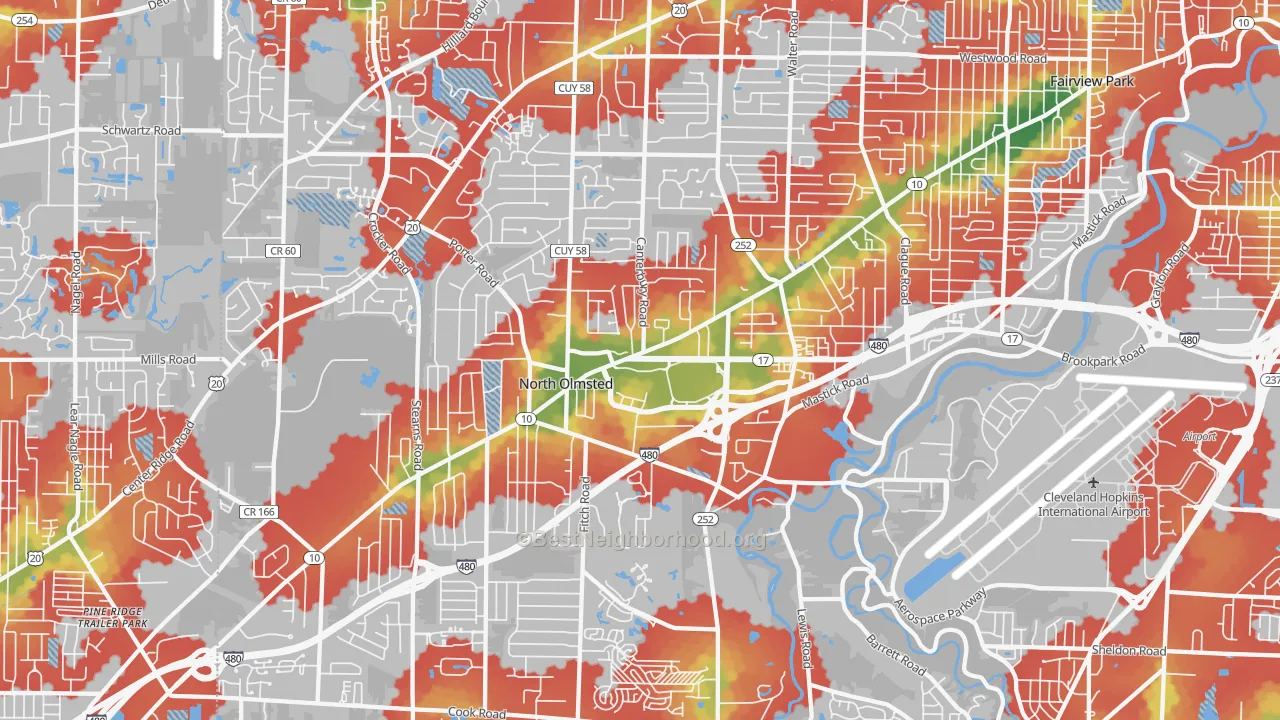 Walk Grade map of North Olmsted, OH, walkable areas in green and car-dependent areas in red