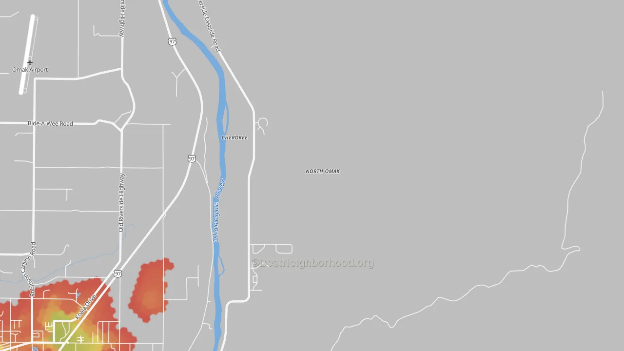 Walk Grade map of North Omak, WA, walkable areas in green and car-dependent areas in red