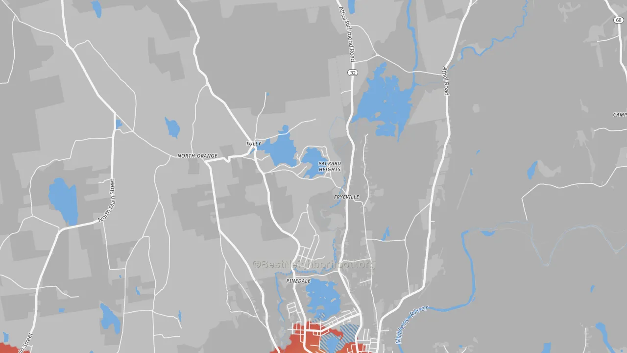 Walk Grade map of North Orange, MA, walkable areas in green and car-dependent areas in red