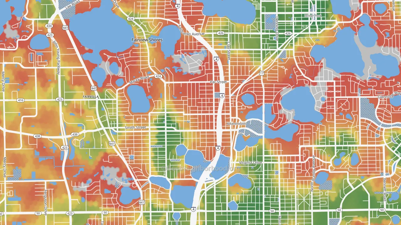 Walk Grade map of North Orange, Orlando, FL, walkable areas in green and car-dependent areas in red