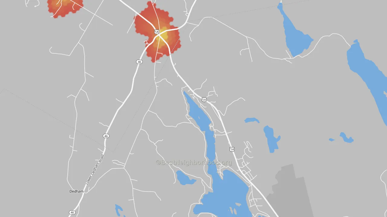 Walk Grade map of North Orland, ME, walkable areas in green and car-dependent areas in red