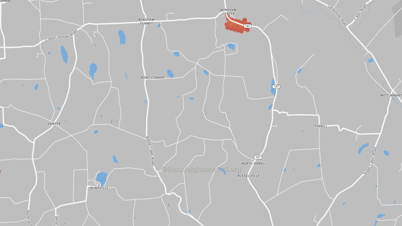 Walk Grade map of North Orwell, PA, walkable areas in green and car-dependent areas in red