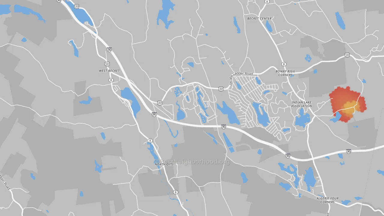 Walk Grade map of North Otis, MA, walkable areas in green and car-dependent areas in red