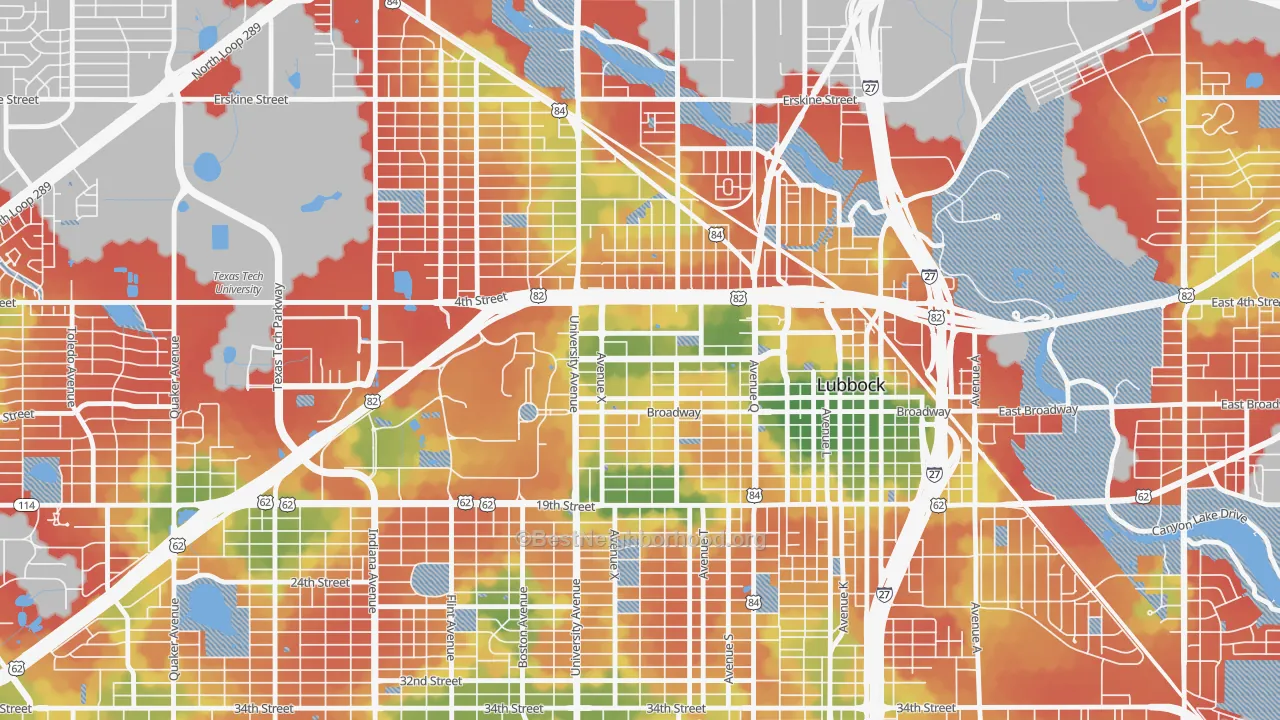 Walk Grade map of North Overton, Lubbock, TX, walkable areas in green and car-dependent areas in red