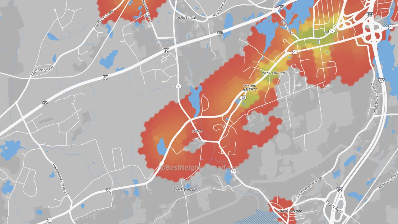 Walk Grade map of North Oxford, MA, walkable areas in green and car-dependent areas in red