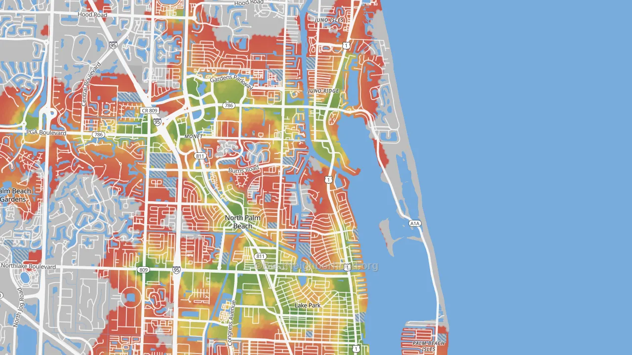 Walk Grade map of North Palm Beach, FL, walkable areas in green and car-dependent areas in red