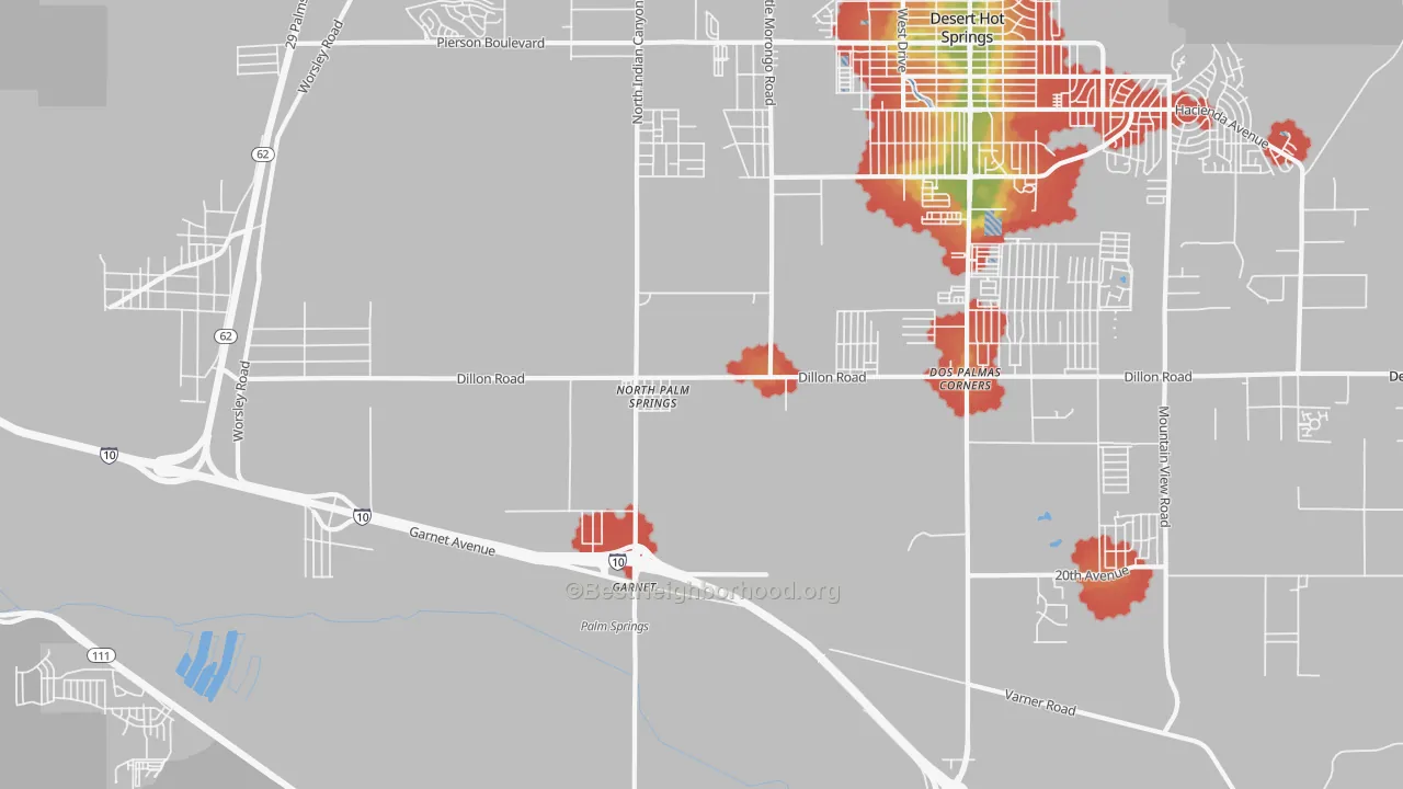 Walk Grade map of North Palm Springs, CA, walkable areas in green and car-dependent areas in red