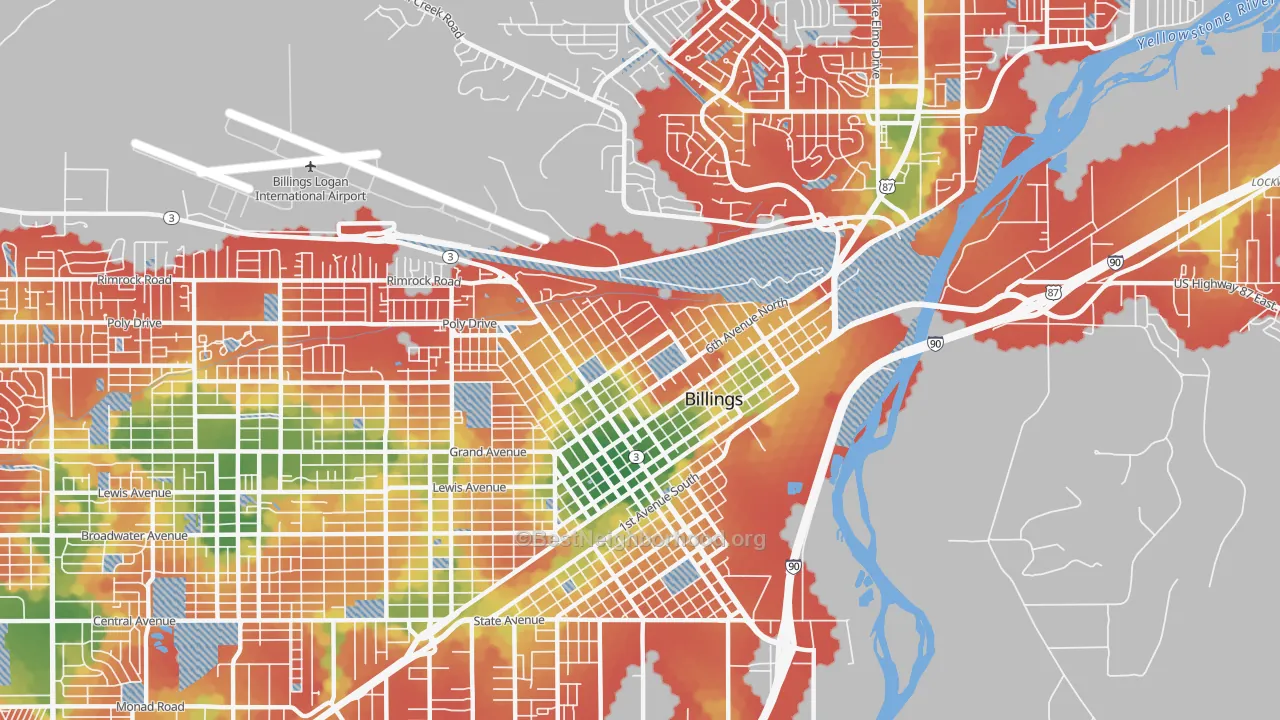 Walk Grade map of North Park, Billings, MT, walkable areas in green and car-dependent areas in red