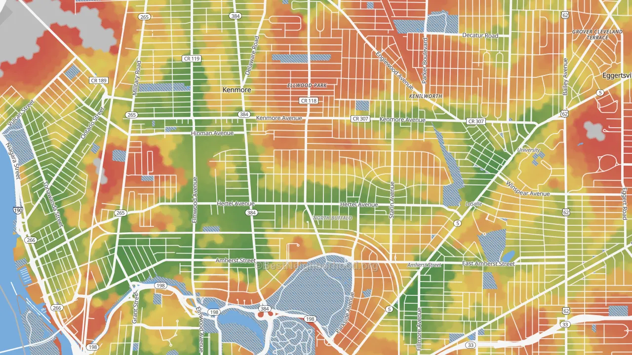 Walk Grade map of North Park, Buffalo, NY, walkable areas in green and car-dependent areas in red