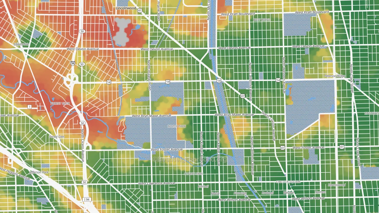 Walk Grade map of North Park, Chicago, IL, walkable areas in green and car-dependent areas in red