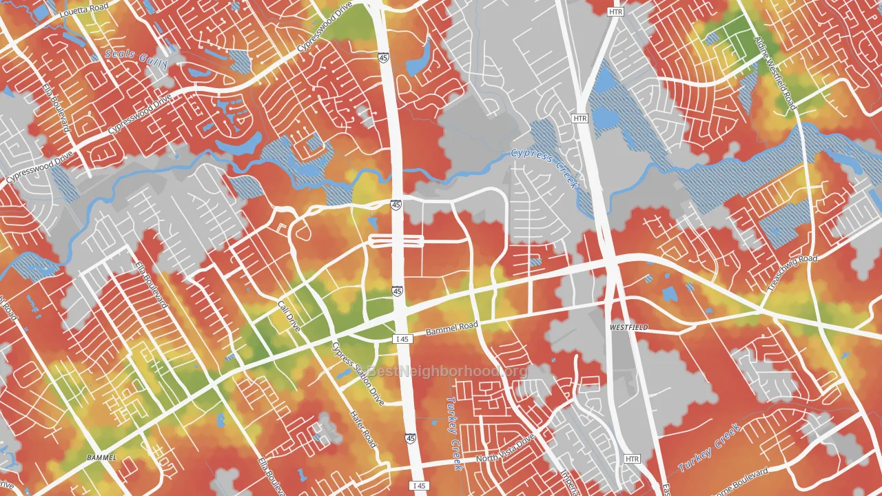 Walk Grade map of North Park Forest, Houston, TX, walkable areas in green and car-dependent areas in red