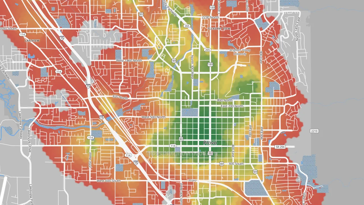 Walk Grade map of North Park, Provo, UT, walkable areas in green and car-dependent areas in red