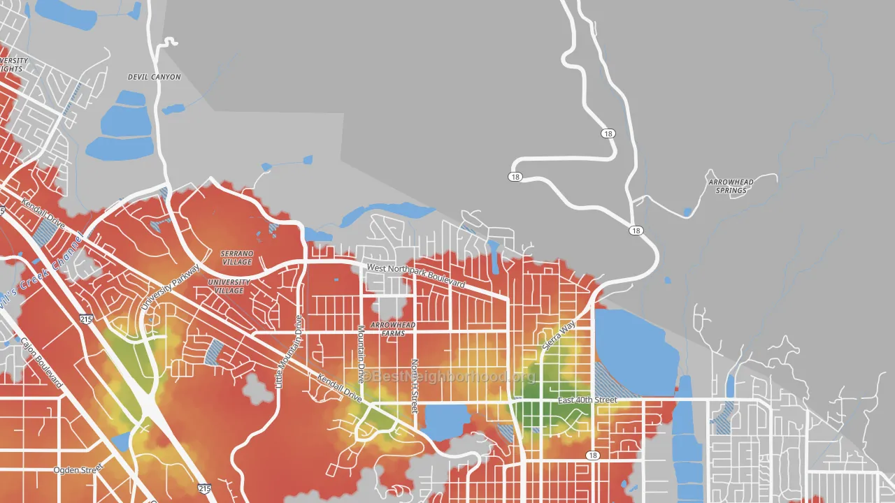 Walk Grade map of North Park Riverside, San Bernardino, CA, walkable areas in green and car-dependent areas in red