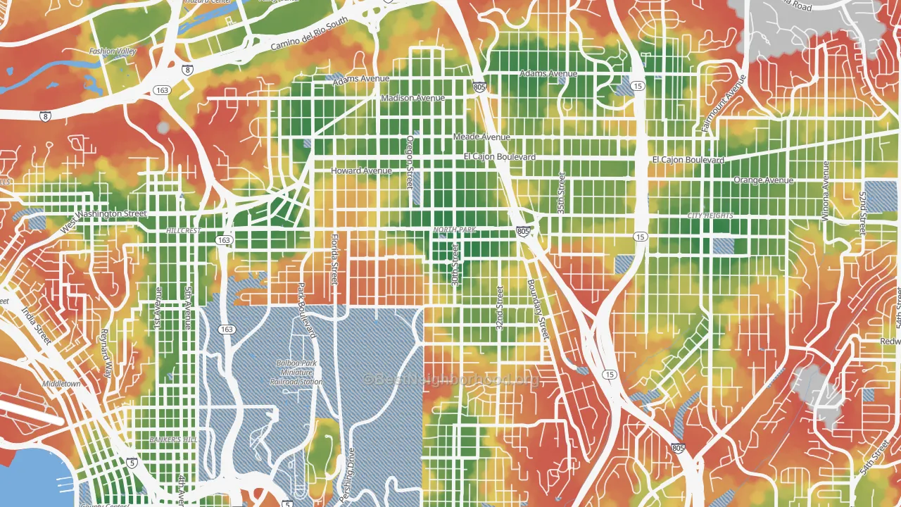 Walk Grade map of North Park San Diego, San Diego, CA, walkable areas in green and car-dependent areas in red