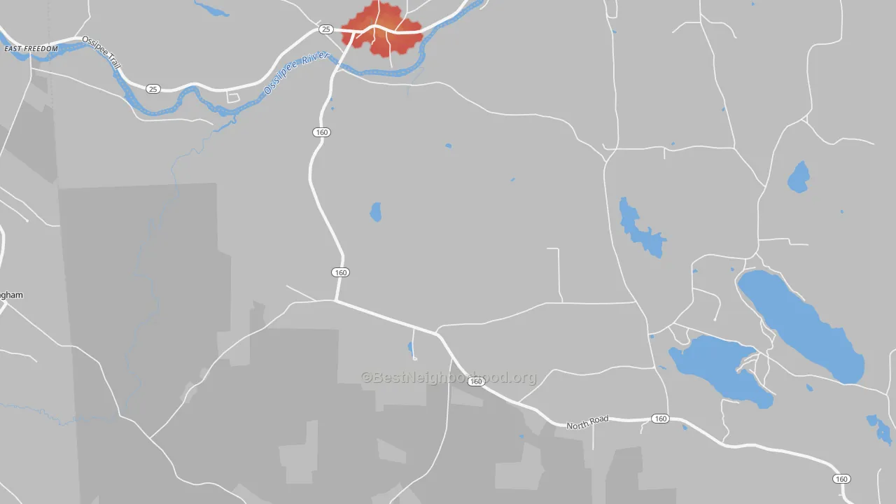 Walk Grade map of North Parsonfield, ME, walkable areas in green and car-dependent areas in red