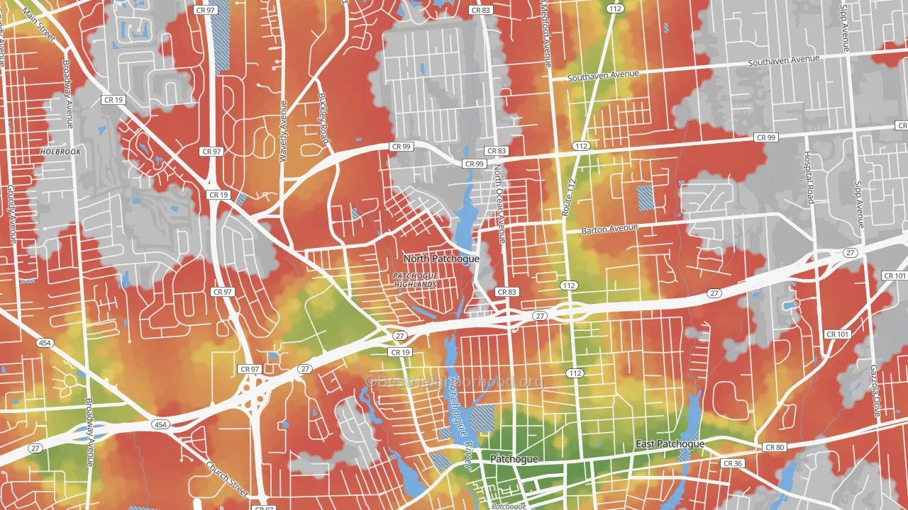 Walk Grade map of North Patchogue, NY, walkable areas in green and car-dependent areas in red