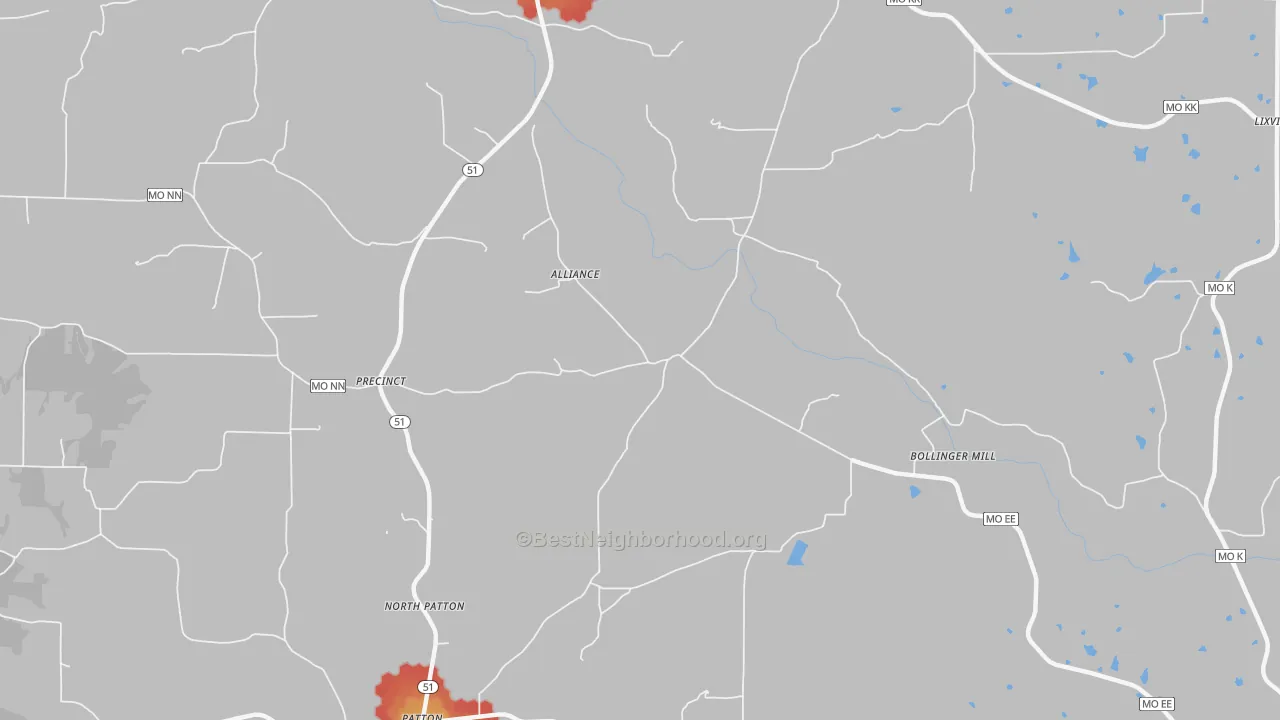 Walk Grade map of North Patton, MO, walkable areas in green and car-dependent areas in red