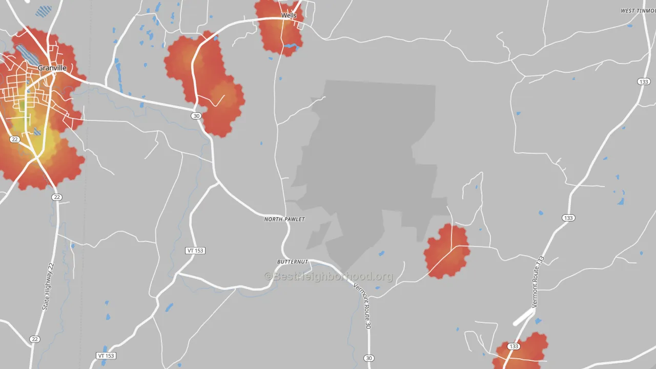 Walk Grade map of North Pawlet, VT, walkable areas in green and car-dependent areas in red
