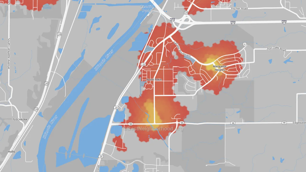 Walk Grade map of North Pekin, IL, walkable areas in green and car-dependent areas in red