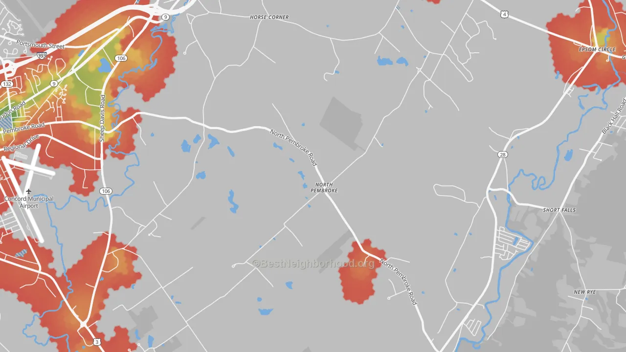 Walk Grade map of North Pembroke, NH, walkable areas in green and car-dependent areas in red