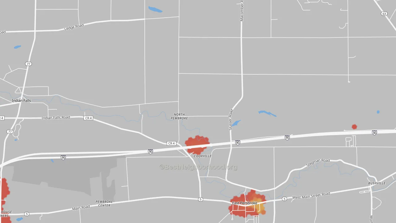 Walk Grade map of North Pembroke, NY, walkable areas in green and car-dependent areas in red