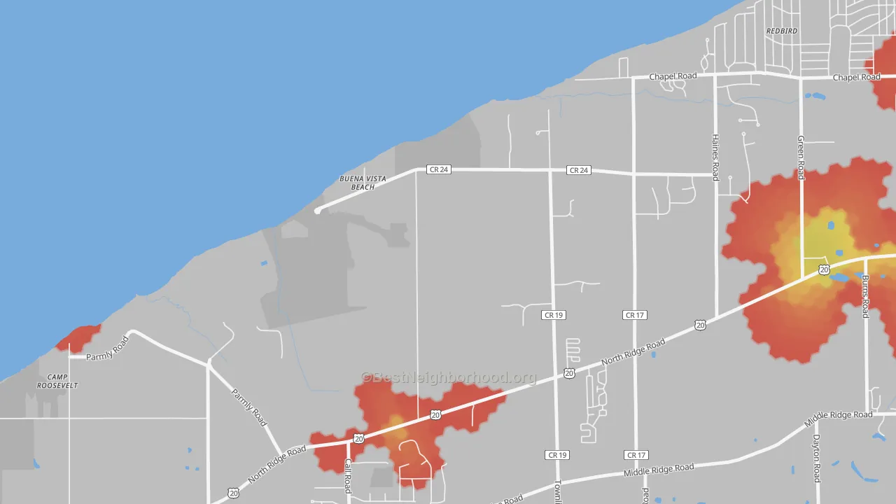 Walk Grade map of North Perry, OH, walkable areas in green and car-dependent areas in red