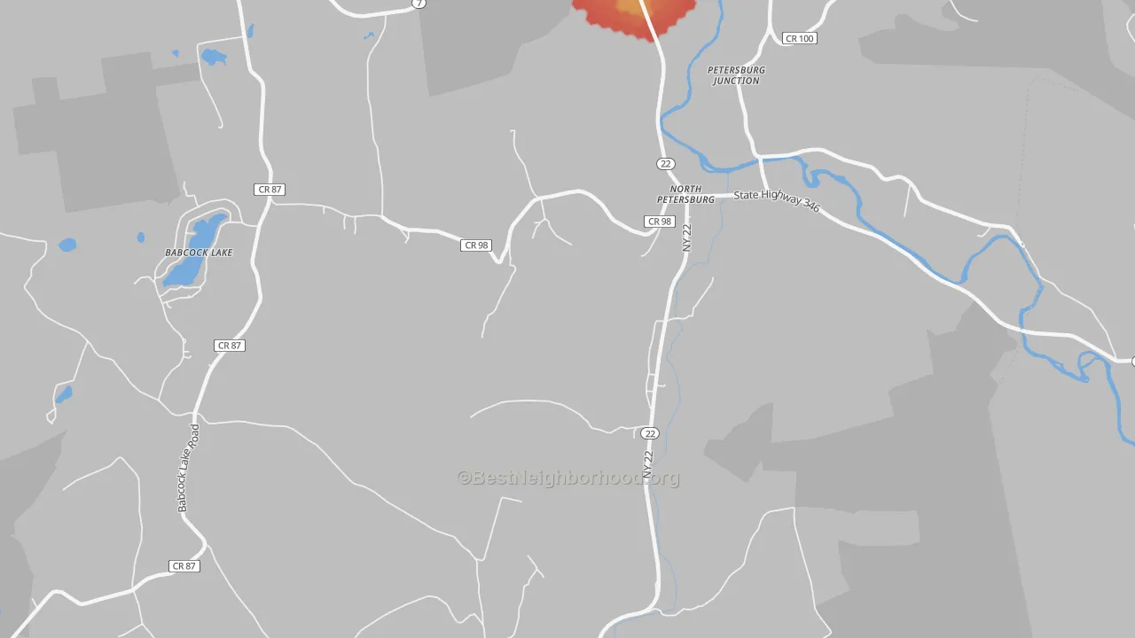 Walk Grade map of North Petersburg, NY, walkable areas in green and car-dependent areas in red