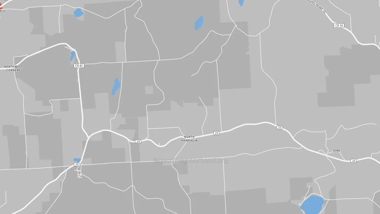 Walk Grade map of North Pharsalia, NY, walkable areas in green and car-dependent areas in red