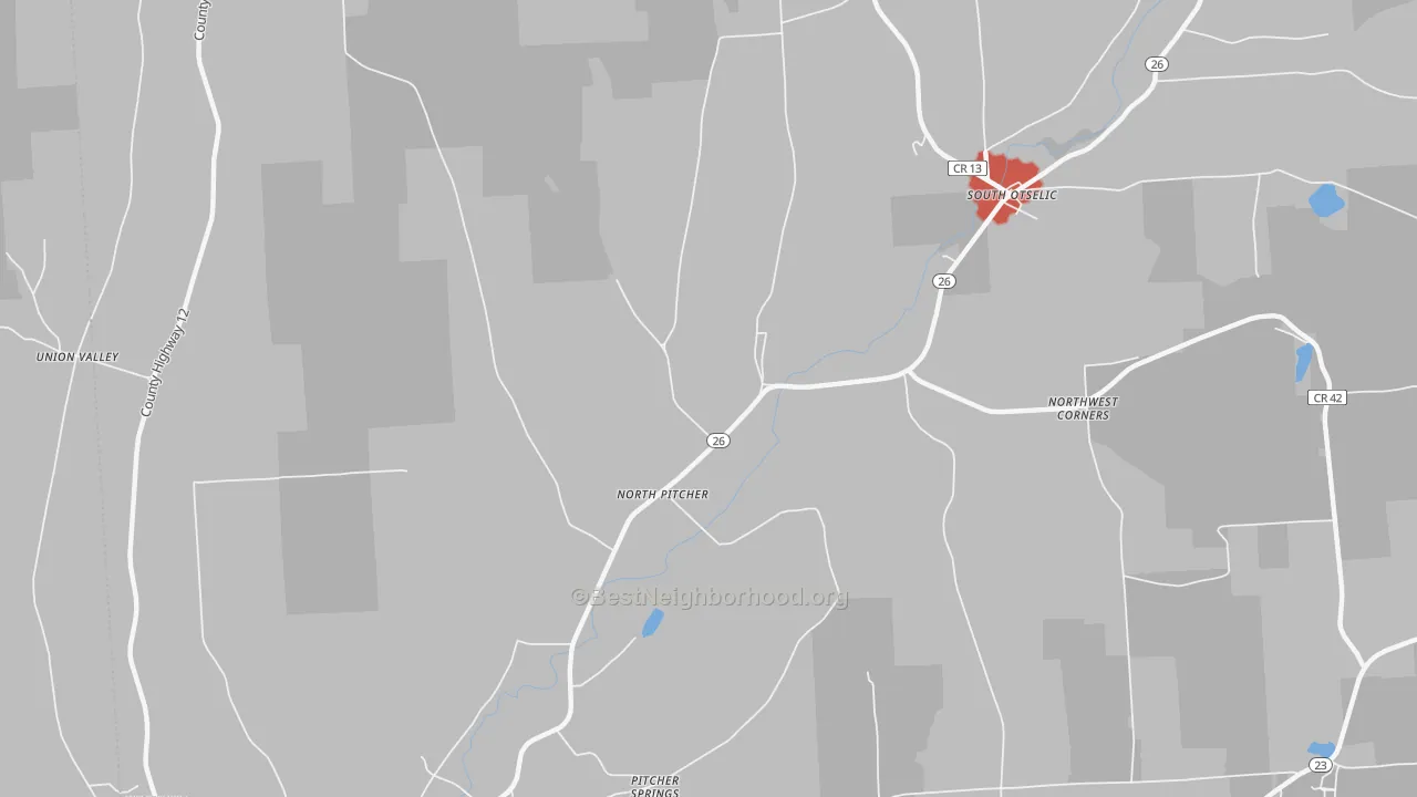Walk Grade map of North Pitcher, NY, walkable areas in green and car-dependent areas in red