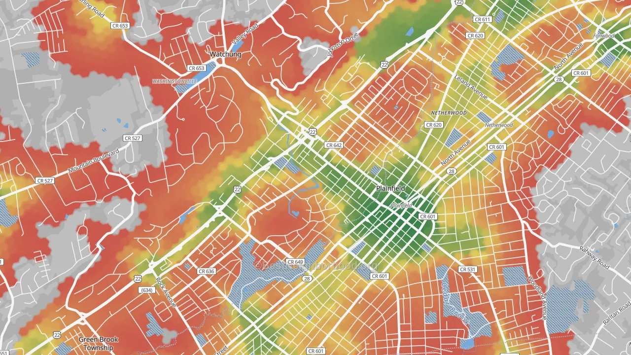 Walk Grade map of North Plainfield, NJ, walkable areas in green and car-dependent areas in red