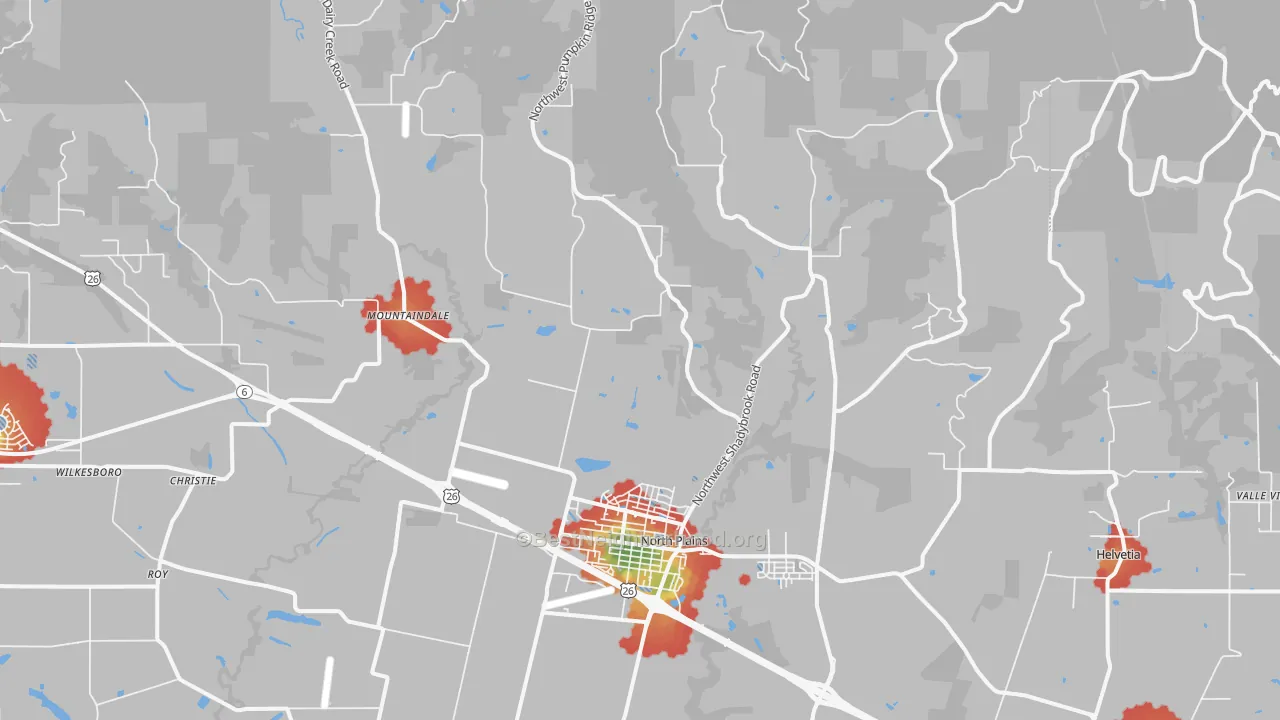 Walk Grade map of North Plains, OR, walkable areas in green and car-dependent areas in red