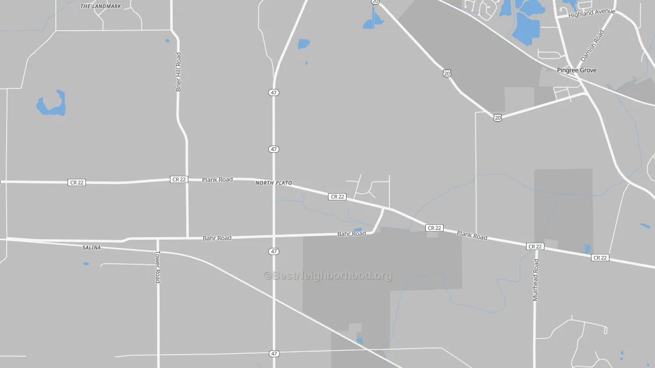 Walk Grade map of North Plato, IL, walkable areas in green and car-dependent areas in red
