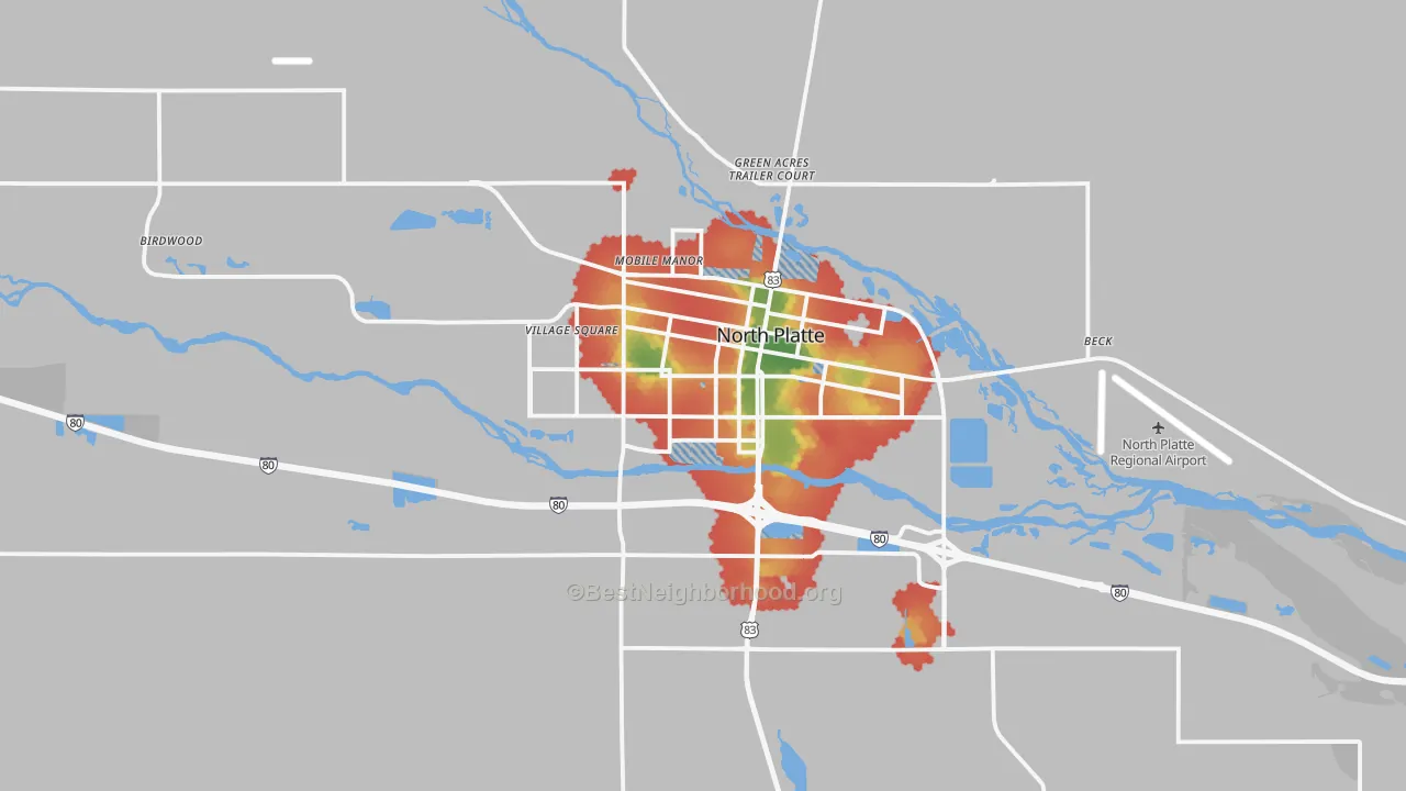 Walk Grade map of North Platte, NE, walkable areas in green and car-dependent areas in red