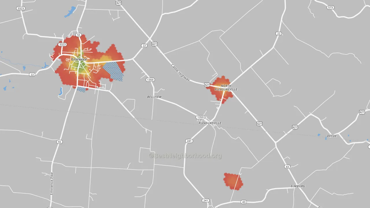 Walk Grade map of North Pleasureville, KY, walkable areas in green and car-dependent areas in red