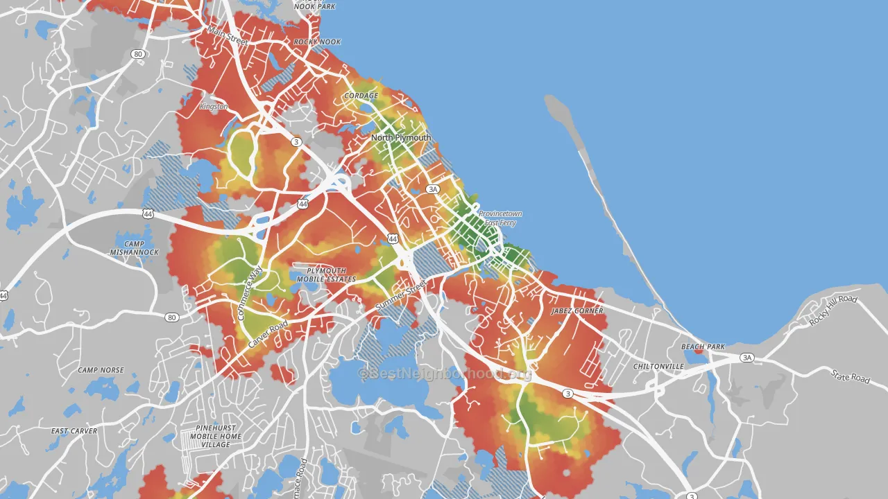 Walk Grade map of North Plymouth, Plymouth, MA, walkable areas in green and car-dependent areas in red