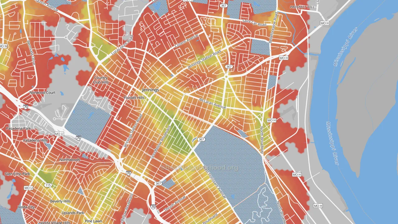 Walk Grade map of North Pointe, St. Louis, MO, walkable areas in green and car-dependent areas in red