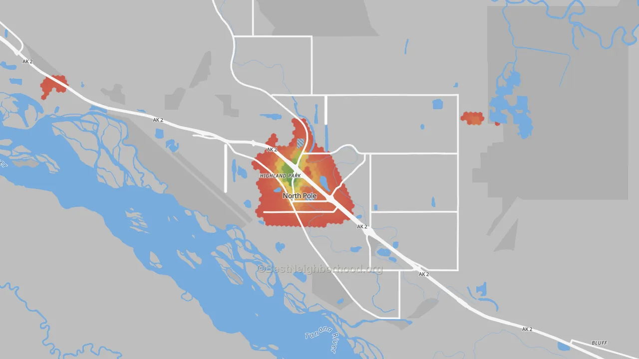 Walk Grade map of North Pole, AK, walkable areas in green and car-dependent areas in red