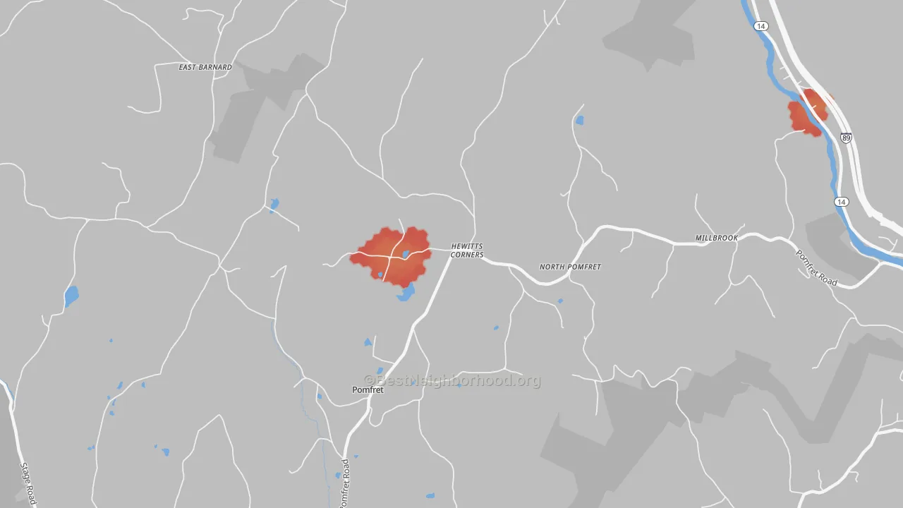 Walk Grade map of North Pomfret, VT, walkable areas in green and car-dependent areas in red